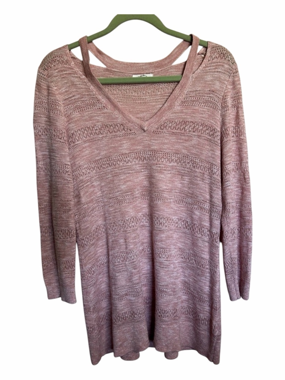 Pink Open Knit V-Neck Sweater Semi Cold Shoulder XL Like New